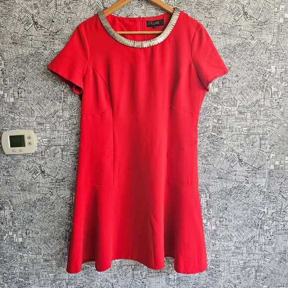 Luxe Red Fit and Flare Red Dress - Picture 1 of 5